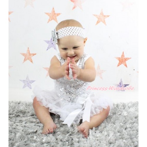Valentine's Day White Sparkle Sequins Baby Bodysuit Pettiskirt & Bow & White Headband Sparkle Sequins Bow JS2790 